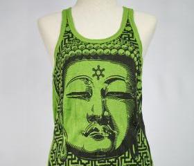 Buddha Tank Top Yoga Singlet Green Hindu God Crinkle Cotton S M L XL