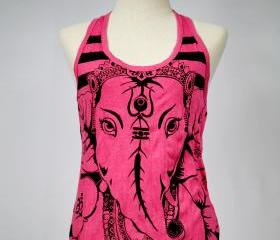 Ganesha Tank Top SIZE S ONLY Hamsa Yoga Clothing Buddha Ganesha Boho Om Pink Elephant
