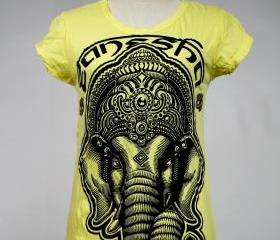 Ganesha T-shirt Yoga Top Hindu God Boho Hippie Yellow S M L XL
