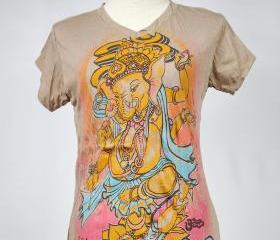 Ganesha T-shirt SIZE S ONLY Hindu God OM Hamsa Yoga Tee Brown Namaste Elephant